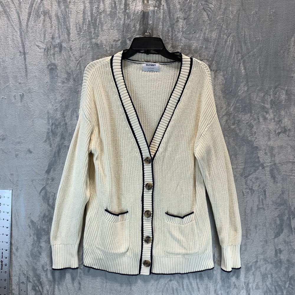 Old Navy Women's Cardigan Sweater Button Up L Cream Navy Academia Preppy Cotton